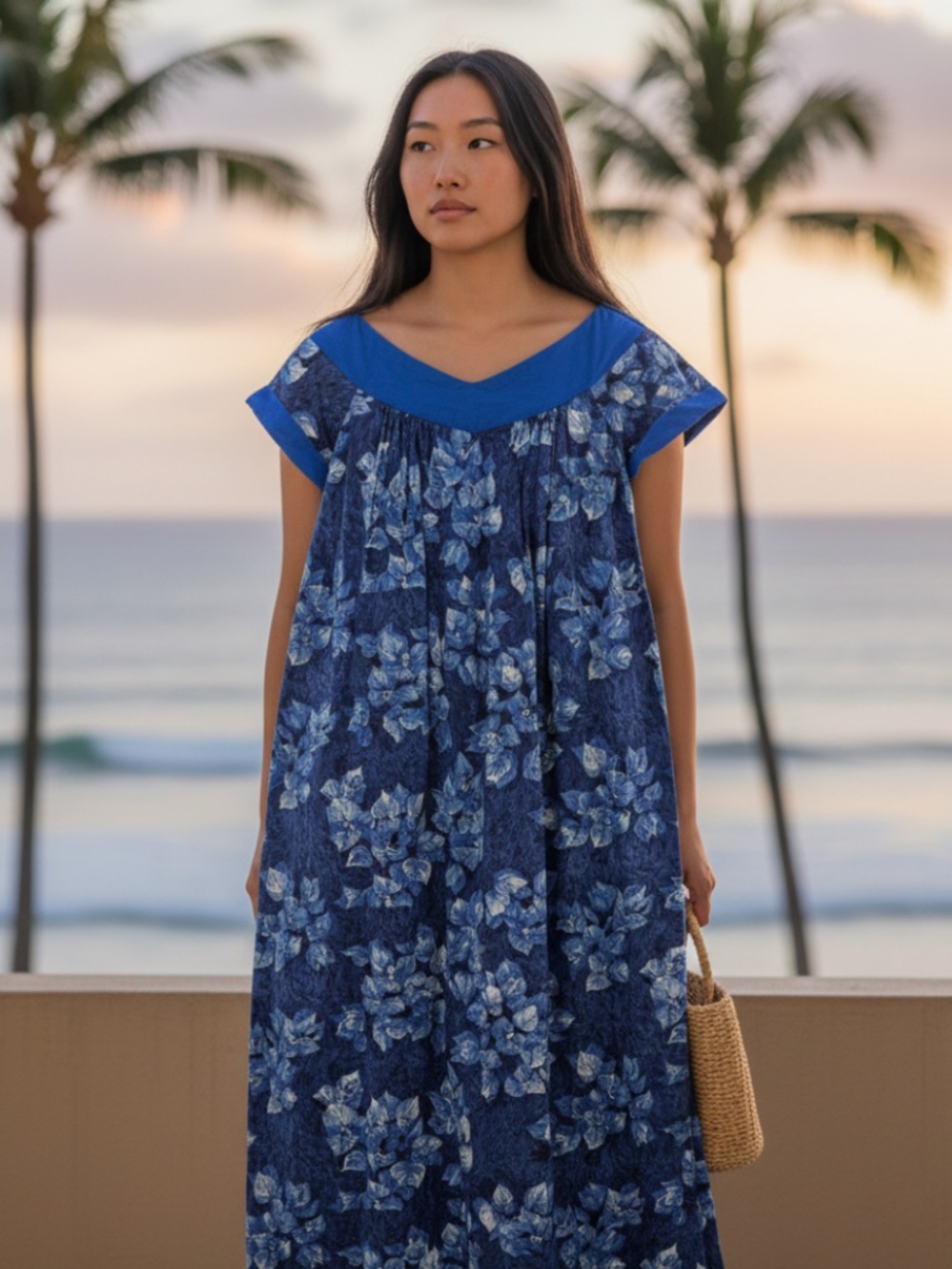 Vtg 60s 70s Malihini Hawaiian Maxi Dress Mumu Sz XS Blue Floral Resort Luau